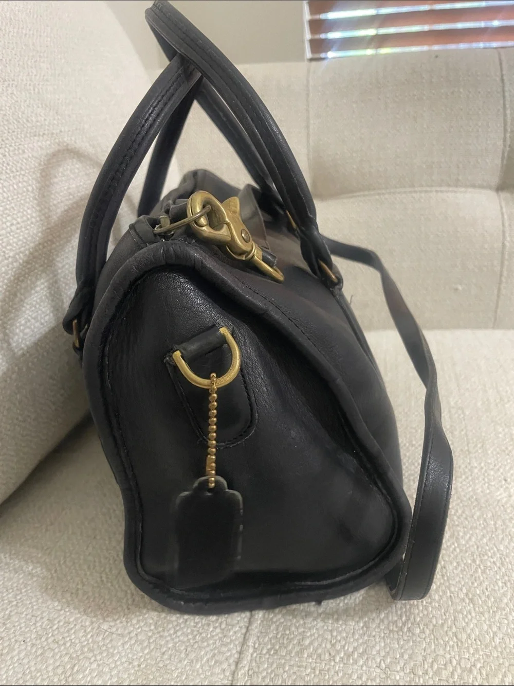 Coach Black Leather Double-Handle Satchel with Crossbody Strap